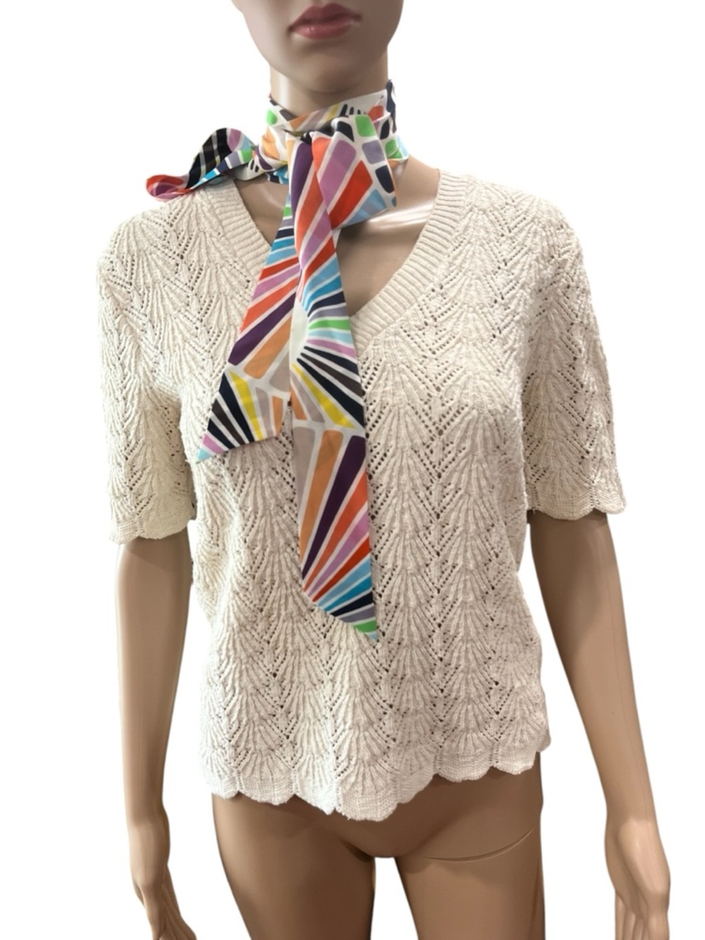 Pointelle Knit Short Sleeve Sweater Ivory-L vintage - Picture 3 of 6